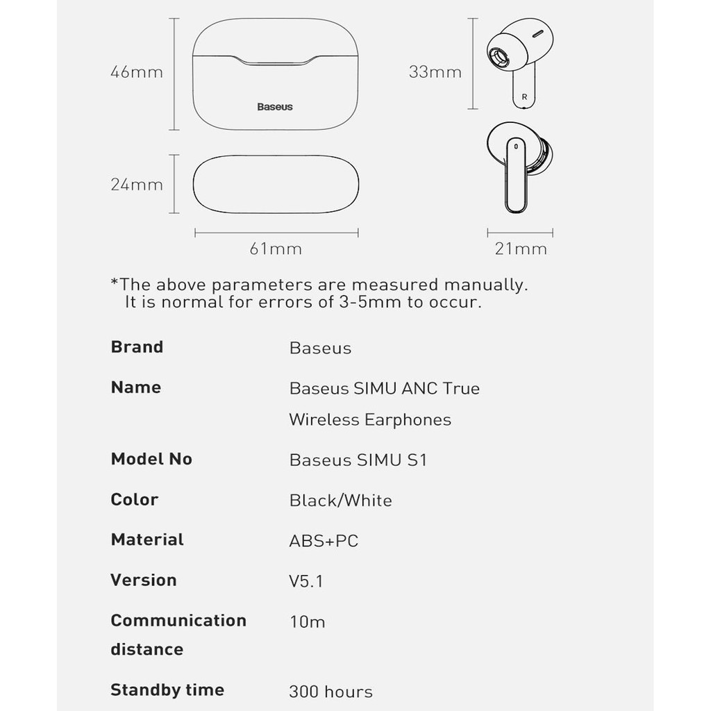 Tai nghe TWS chống ồn chủ động Baseus SIMU ANC S1 / S1 Pro True Wireless Earphone (Chống ồn chủ động, Xuyên Âm...)