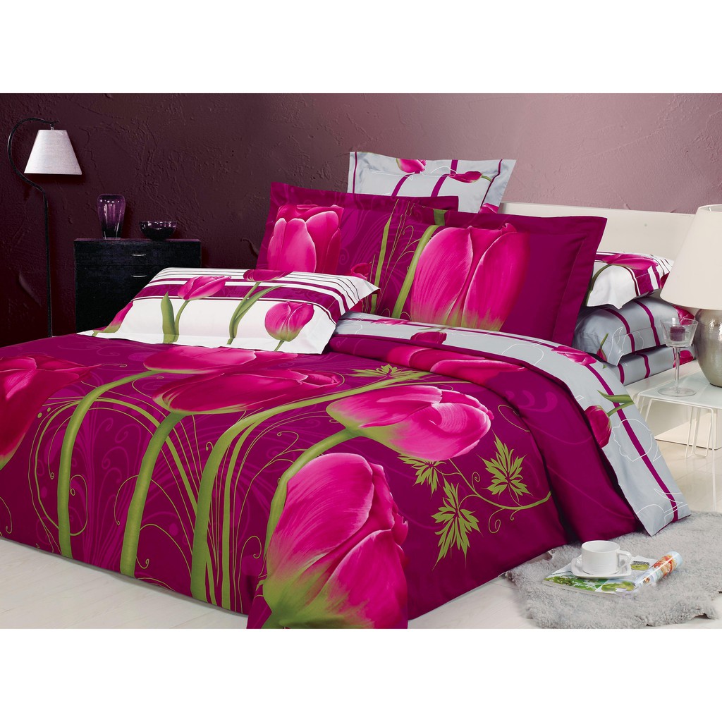 Bộ chăn ga gối drap giường cotton satin hoa tulip Hàn Quốc Julia 489