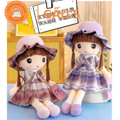 Gấu bông cho bé búp bê mặc áo đầm kẻ sọc caro dài ôm 45cm-60cm- GẤU SHOP