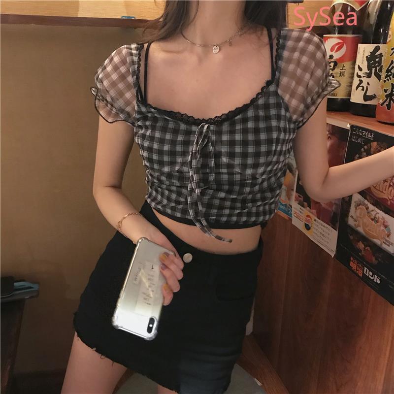 Women Summer Puff Sleeve Chiffon Croptop