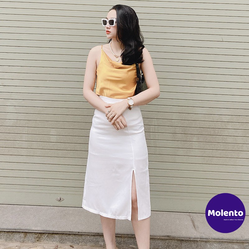 Chân váy xẻ tà Molento chân váy chữ a dài qua gối xẻ trước cá tính phong cách Hàn Quốc hai màu trắng, đen - M25 | BigBuy360 - bigbuy360.vn
