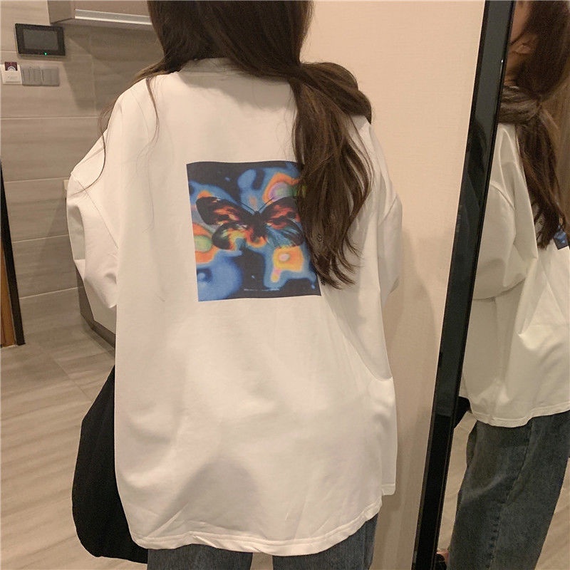 Áo Thun Tay Dài Dáng Rộng In Họa Tiết Bươm Bướm Phong Cách Nhật Hàn Thời Trang 2022 Cho Nữ