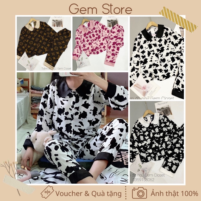 Lụa mango - Bộ mặc nhà pijama hoạ tiết bò sữa dài tay quần dài chất lụa loại 1 (Ảnh thật 100%)
