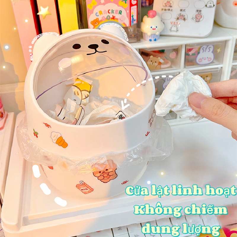 Thùng rác mini để bàn Thùng rác hình gấu cute có nắp dễ thương tặng sticker – Hộp đựng bút đa năng