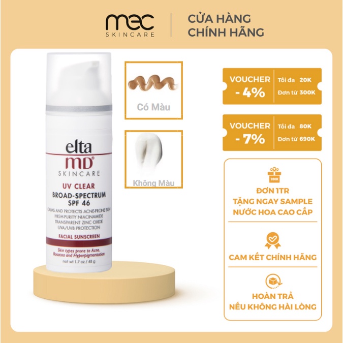 Kem Chống Nắng EltaMD SPF46 Clear Facial Sunscreen 48g Da Dầu Mụn Nhạy Cảm Làm Trắng Sáng Da - Mecskincare