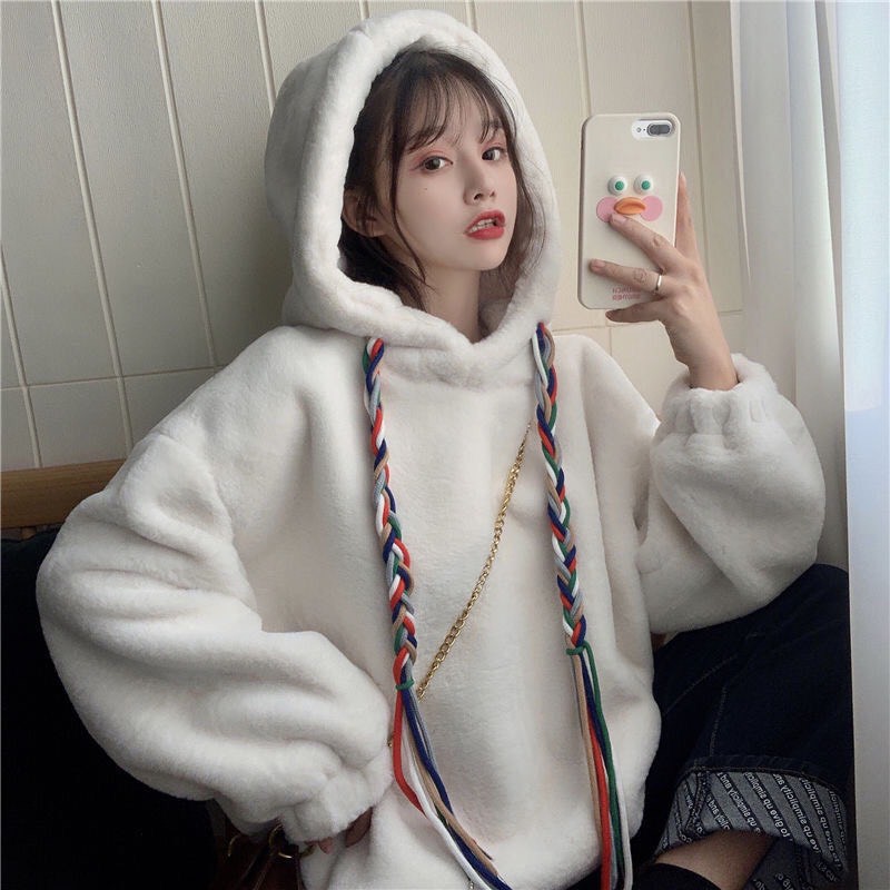 Áo hoodie nữ len nhung form rộng dày dặn Hàn Quốc | BigBuy360 - bigbuy360.vn