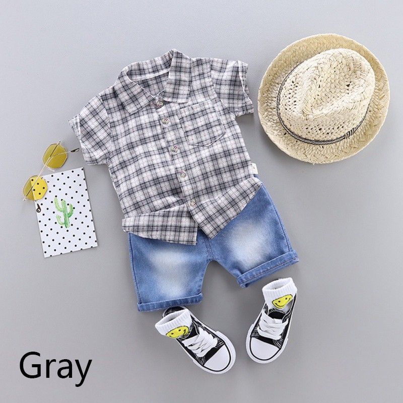 Set áo sơ mi kẻ sọc caro + quần short jean thời trang năng động cho bé trai