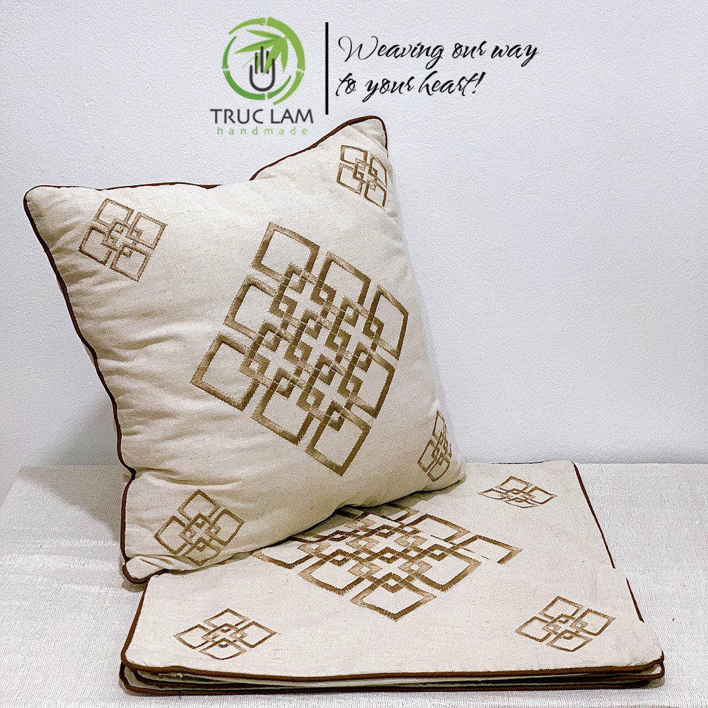Gối/Vỏ Gối Vuông Tựa Lưng Sofa (45x45) Trang Trí Phòng  Vải Linen Thêu Thủ Công Hình Ô Vuông Kép - Trúc Lâm Handmade