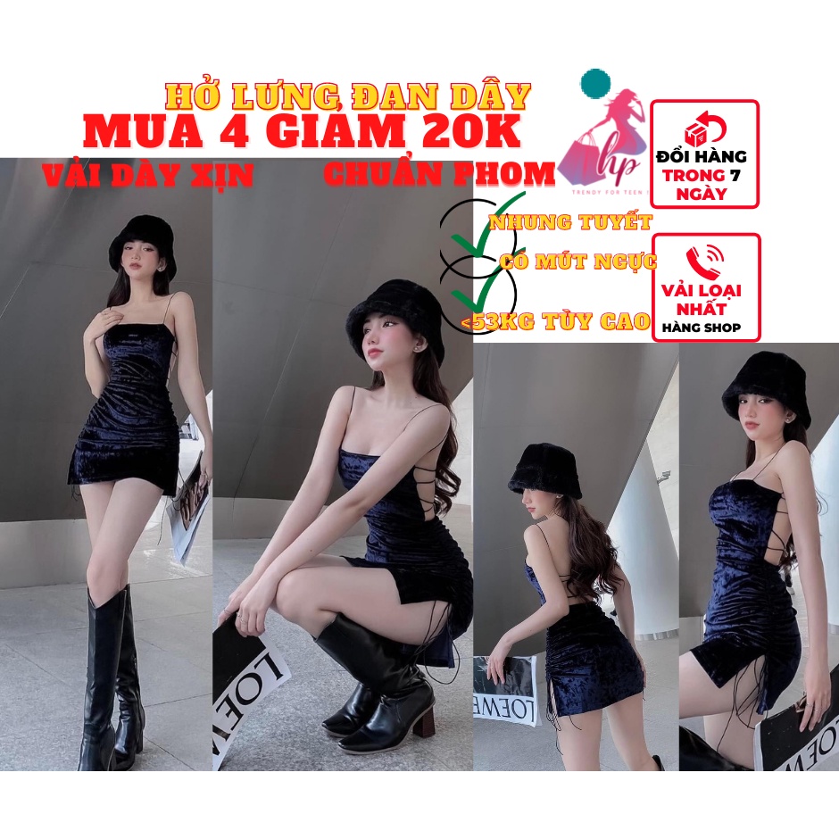 Váy đầm nữ 2 dây hở lưng đan xẻ tà rút thân ôm body chất nhung tuyết màu đen dự tiệc thời trang nữ cực sexy -VD150