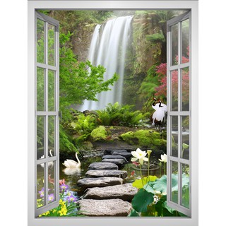 Tranh dán tường cửa sổ khổ dọc HD Cảnh đẹp khu vườn CS-0392D Kim sa
