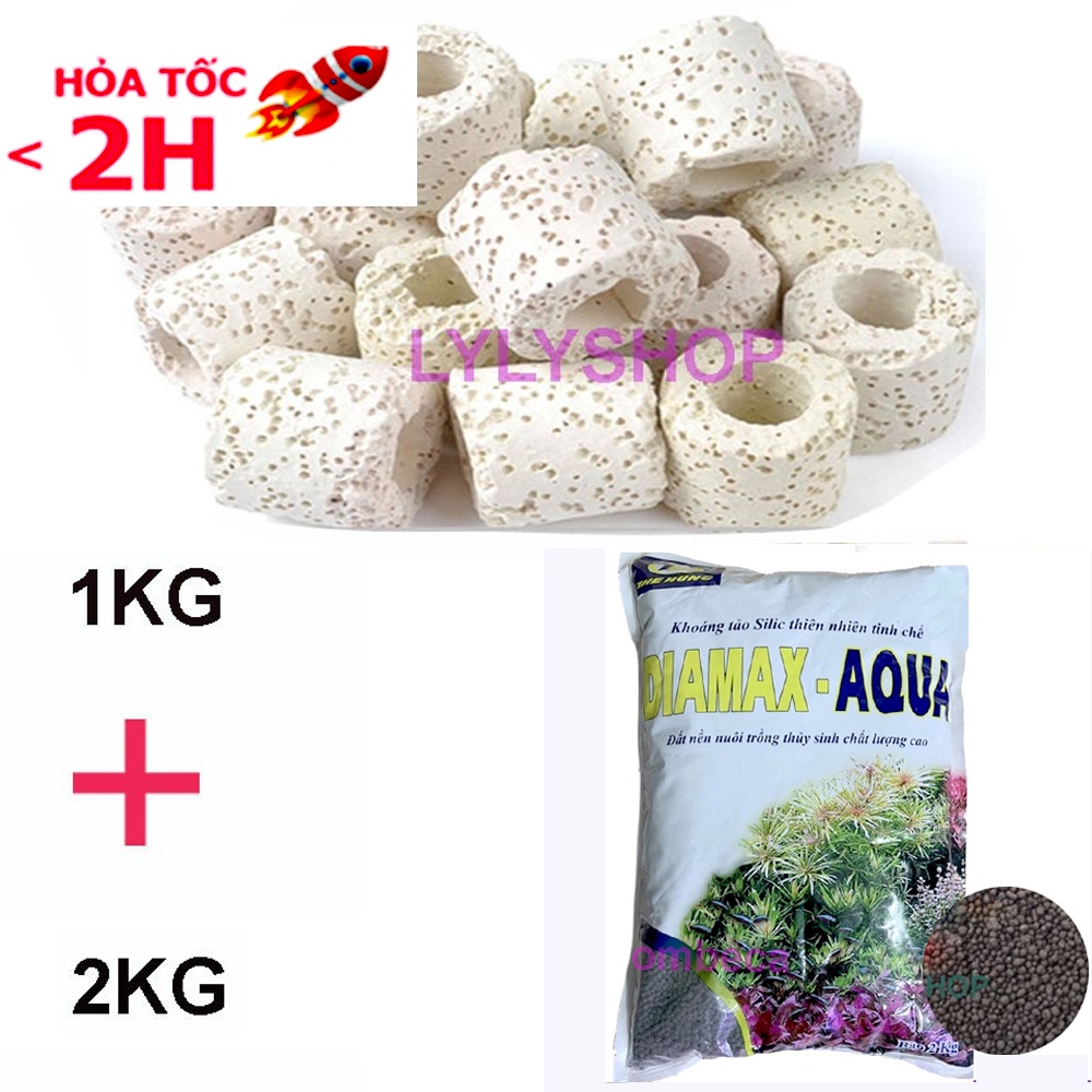 Sứ lọc  vật liệu lọc bể cá, hồ cá  + Đất nền thủy sinh DIA MAX- AQUA 2KG giàu dinh dưỡng, tốt cho cây trồng