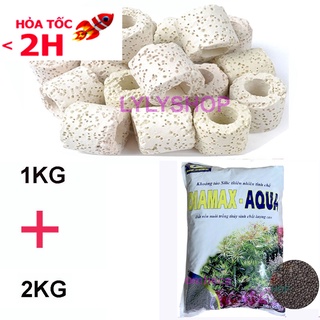 Sứ lọc (1kg) vật liệu lọc bể cá, hồ cá  + Đất nền thủy sinh DIA MAX- AQUA 2KG giàu dinh dưỡng, tốt cho cây trồng