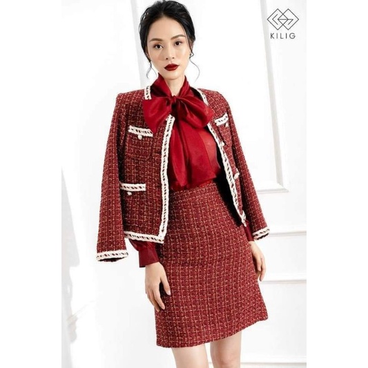 Vải dạ tweed đỏ đô đan kim tuyến