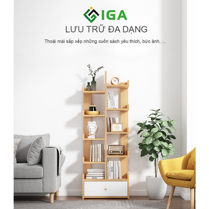 Giá sách hình cây 6 tầng có hộc đừng đồ, kệ sách gỗ phong cách Nordic - GP171