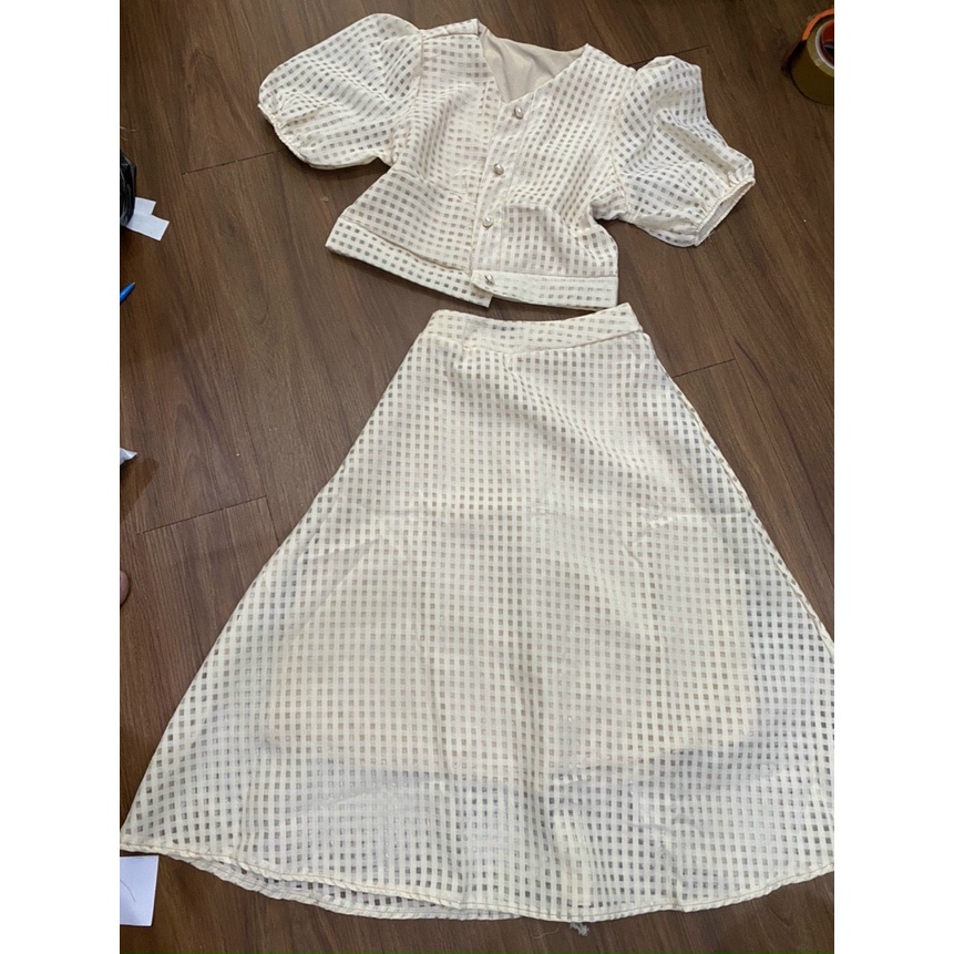 Sét váy uzlang đi tiệc, áo tay phồng croptop mix chân váy xoè,  sét tiểu thư dự tiệc chất xô 2 lớp cao cấp