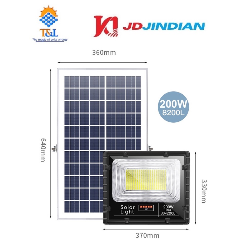 [JD-8200L] Đèn pha LED năng lượng mặt trời chính hãng Jindian JD8200L - Công Suất 200W