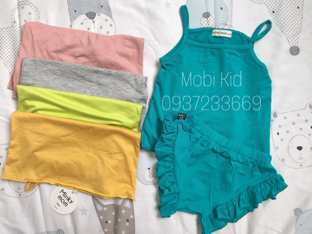 Minky mom thun lạnh bộ 2 dây quần chip bèo bé gái