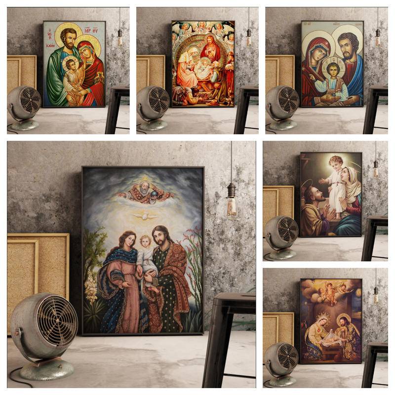 Tranh Vải Bạt Treo Tường In Hình Chúa Jesus Christ Virgin Mary & Joseph Biểu Tượng Tôn Giáo Trang Trí Nhà Cửa