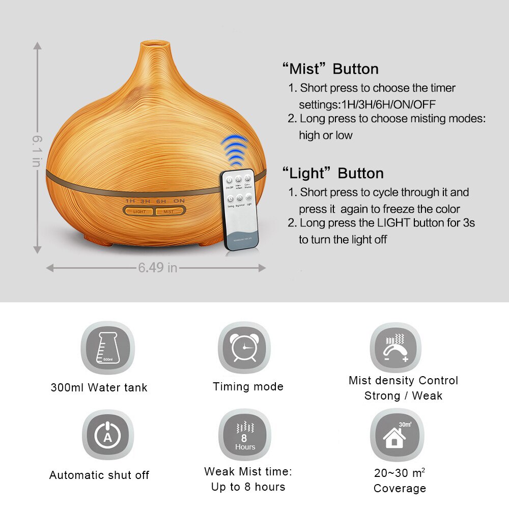 Máy khuếch tán tinh dầu Cổ Cao vân gỗ, dung tích 550ML, có điều khiển, đèn led 7 màu, bảo hành 6 tháng