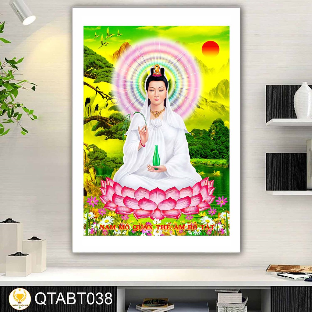 Tranh Quan Âm Bồ Tát có khung 40x60cm tặng đinh treo tranh
