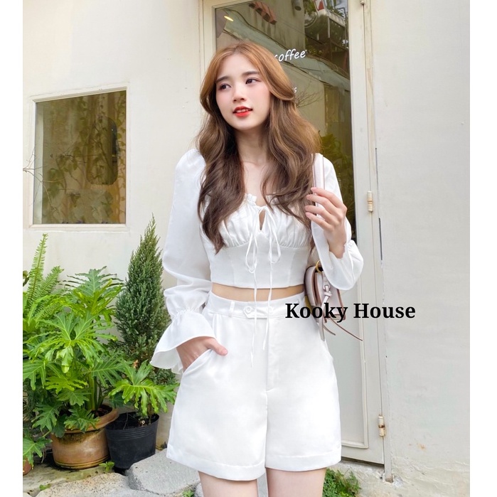 KOOKY HOUSE - ÁO JUHI TRẮNG - Áo croptop tay dài thiết kế nhún ngực thời trang và cao cấp