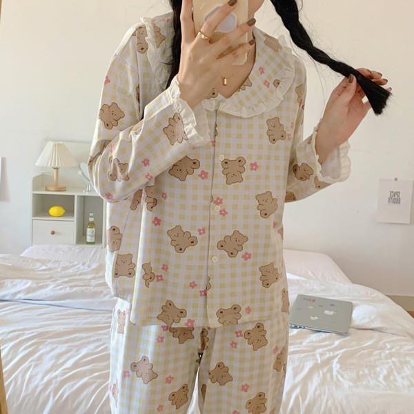 Bộ ngủ pijama dài tay thu đông viền bèo hình gấu dễ thương vải cotton