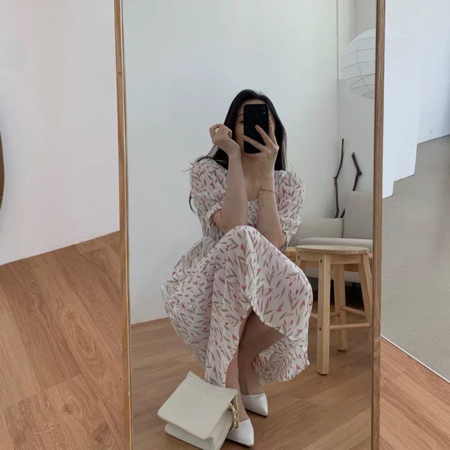 Váy hoa nhí cổ vuông cúc ngực voan chifon dáng dài qua gối Ulzzang style🌸 VFF Hàng Quảng Châu