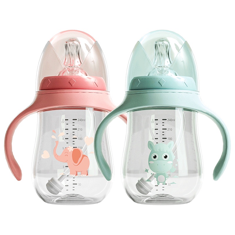 Bình sữa cổ rộng cao cấp 2 chức năng, bình sữa kiêm bình nước với núm siêu mềm có van chống sặc an toàn cho bé