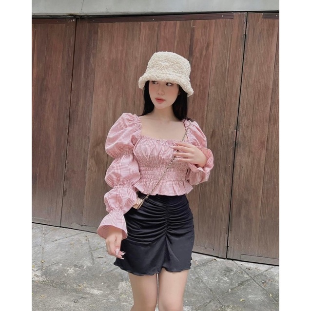 Áo kiểu croptop sọc kẻ caro tay phồng/ áo croptop cổ vuông tay phồng phối loe