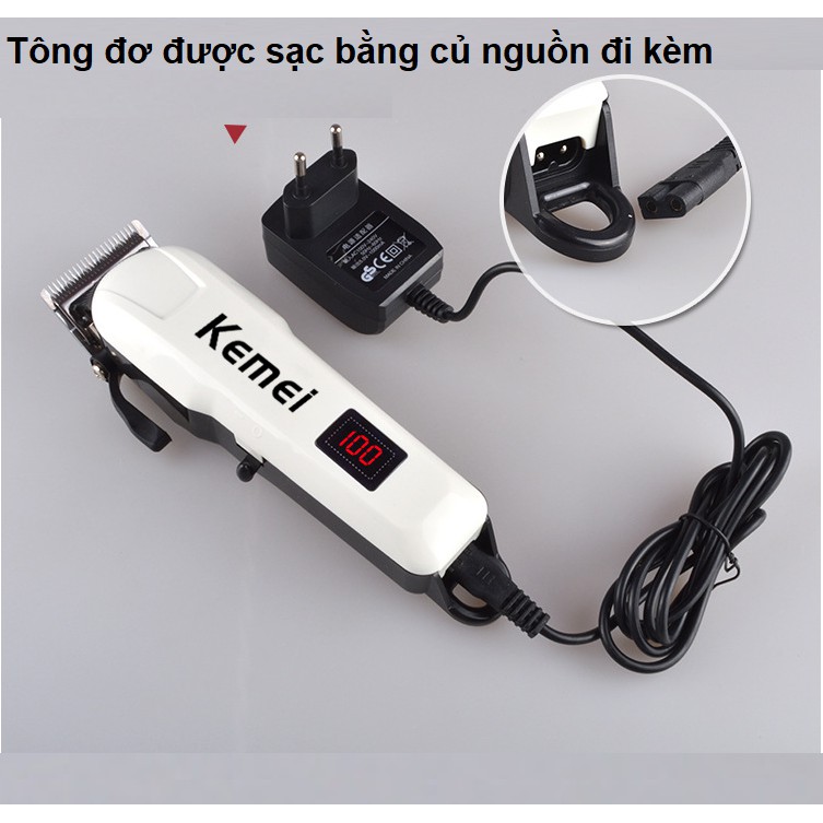 Tông đơ cắt tóc không dây Kemei KM-809A tặng kèm 4 lược căn độ dài màn hình LCD lưỡi cắt sắc bén vận hành êm ái