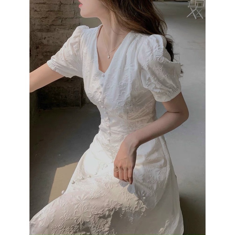 Đầm Dài Cổ Tim Dự Tiệc Thiết Kế Phong Cách Quyến Rũ Xẻ Tà Cực Xinh Màu Trắng | ROSE CLOTHING D0528