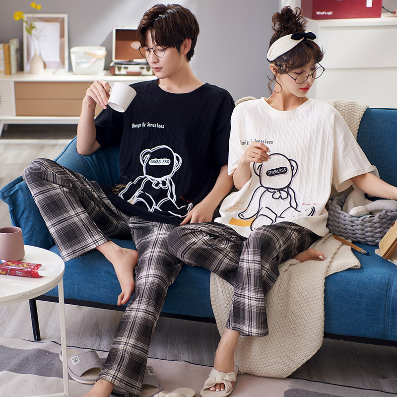 Bộ Đồ Ngủ Cotton Ngắn Tay Họa Tiết Hoạt Hình Thời Trang Cho Cặp Đôi