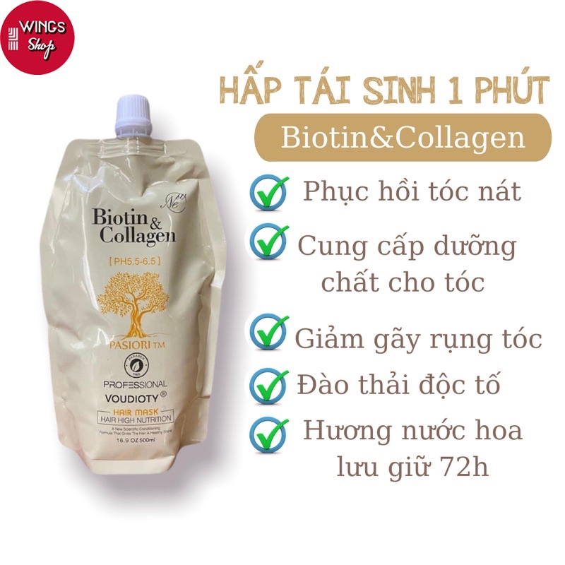 Kem Hấp Xả Ủ Tóc Biotin Collagen Phục Hồi Tái Sinh Tóc Giúp Tóc Siêu Mềm Mượt 500ml | Wings Shop