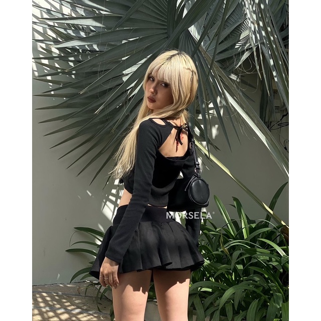 MORSELA® chính hãng - Áo croptop nữ tay dài 𝗠𝗢𝗥𝗚𝗔𝗡𝗔 ôm khoét vai phong cách sexy