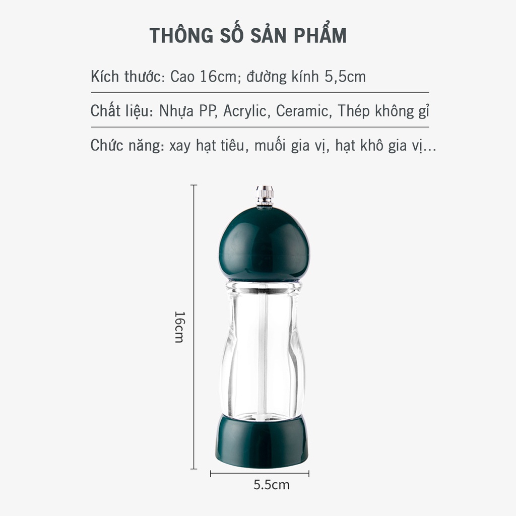 Lọ xay hạt tiêu, xay muối hồng gia vị (GA14), dụng cụ xay tiêu cầm tay vỏ trong suốt
