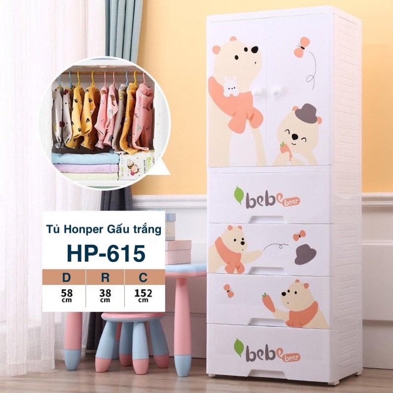 Tủ nhựa Honper 5 tầng mẫu mới nhất đựng quần áo, bỉm sữa, đồ dùng đa năng cho bé và cả gia đình Gấu trắng và Gấu nâu
