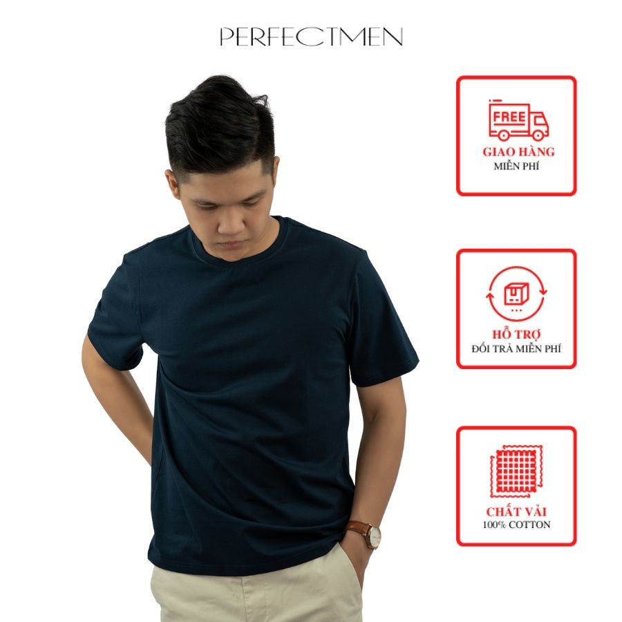 Áo thun trơn nam cổ tròn cao cấp 100% cotton PERFECTMEN màu xanh đen vải xuất xịn co giãn dày dặn form regular fit