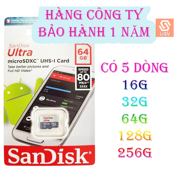 Thẻ Nhớ MicroSD SanDisk 128, 64Gb, 32, 16GB 100Mb/s Class 10 - Hàng CTY