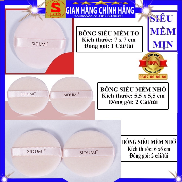 Sét 2 miếng bông phấn khô tròn mút trang điểm khô đánh tán phấn nén phủ bột chính hãng sidumi hàn quốc mini to loại dày
