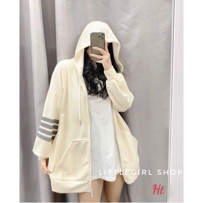 Áo khoác nỉ ngoại sọc tay có nón dây kéo unisex ulzzang nam nữ