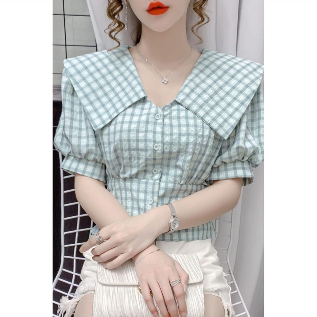 Jiashucheng Áo Sơ Mi Tay Phồng Cổ Búp Bê Họa Tiết Kẻ Sọc Thời Trang Mùa Hè Dành Cho Nữ