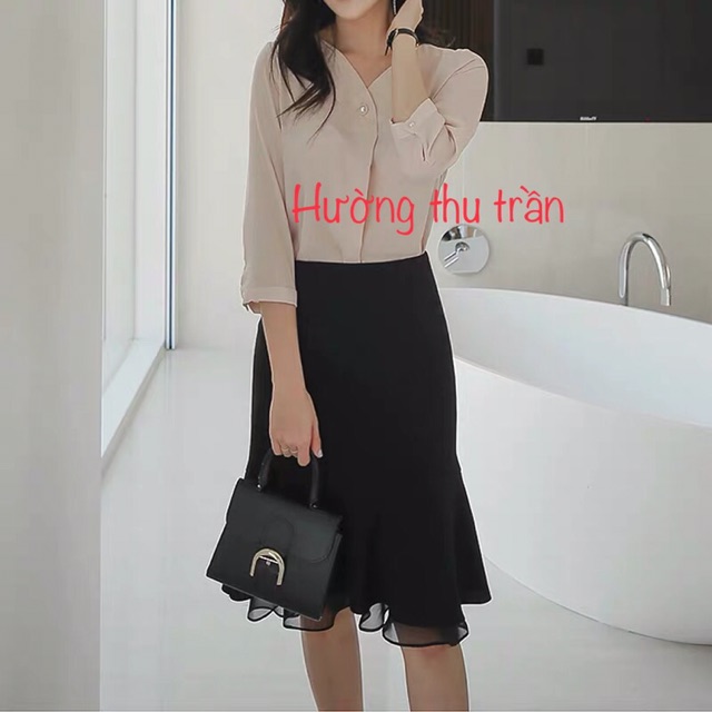 Chân váy dáng suông công sở đuôi cá phối voan | BigBuy360 - bigbuy360.vn