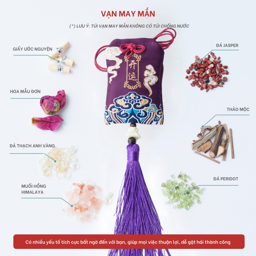 Túi Phước Omamori May Mắn Liugems Đeo Bên Người, Mix Đá, Thảo Mộc, Muối Hồng Himalaya Mang Tài Lộc, Tình Yêu