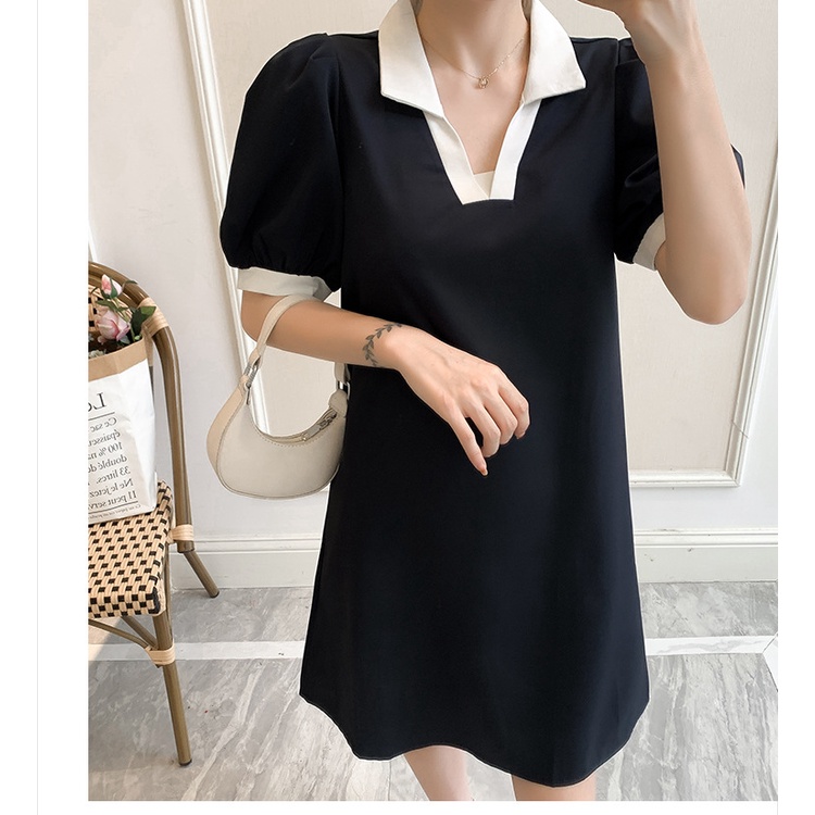 Đầm Polo Cổ Vuông Phối Màu Vai Bồng 🦋 Váy Nữ Dáng Suông Cộc Tay Màu Đen 🦋 | BigBuy360 - bigbuy360.vn