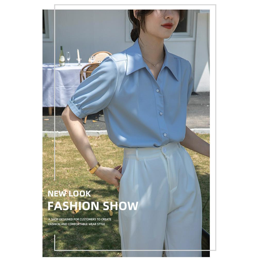 Áo sơ mi nữ cộc tay chất liệu lụa thoáng mát áo sơ mi nữ tay phồng tiểu thư có khuy đính ngọc thanh lịch