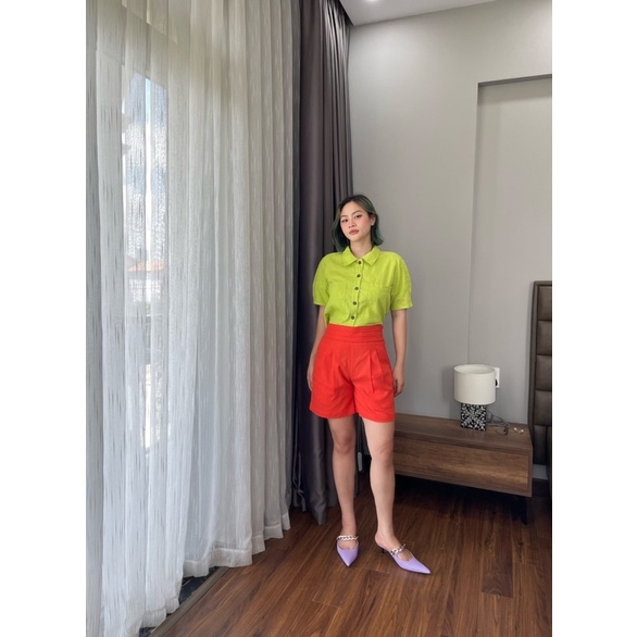Quần Short linen nữ lưng dập ly,dây kéo hông.Hình cận vải shop chụp thật