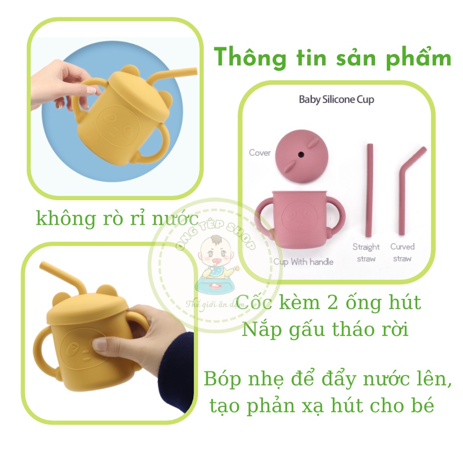 Cốc tập hút silicon hình gấu xinh xắn cho bé tập uống 2in1 kèm ống hút thay thế