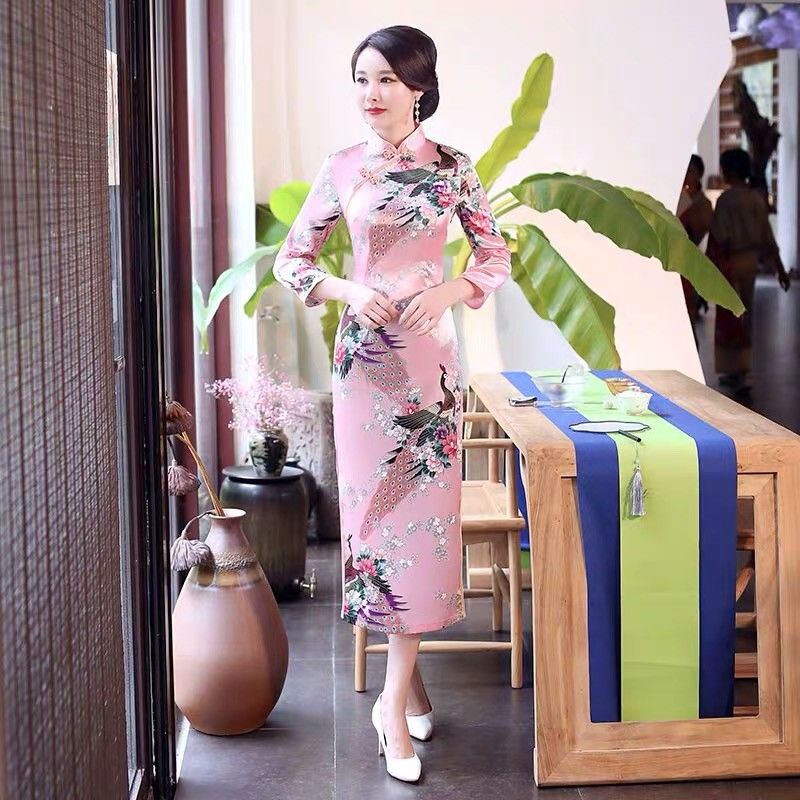 Áo dài Đầm Sườn Xám Tay Dài Dáng Dài Thời Trang Chụp Ảnh Hàng Ngày Cho Phụ Nữ Lớn Tuổi