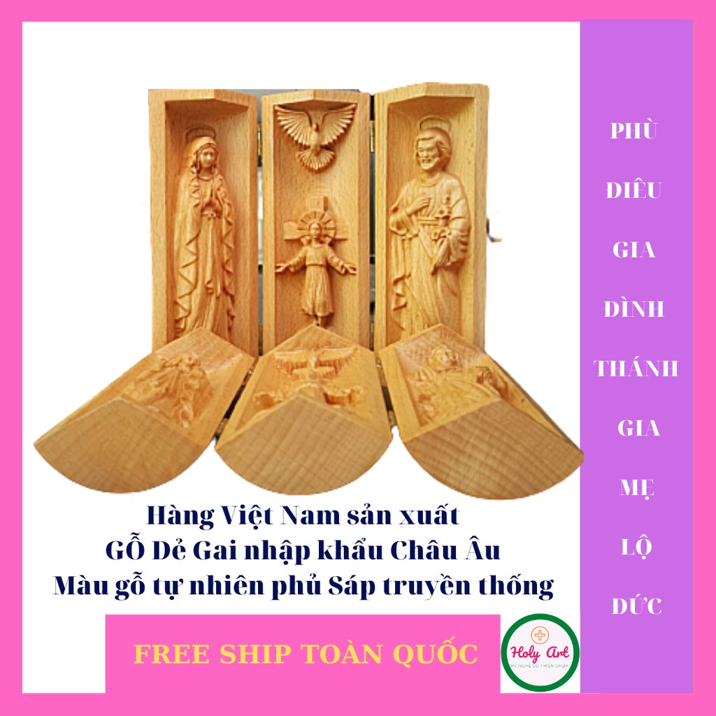 Tượng Mẹ Lộ Đức GIA ĐÌNH CHÚA BẰNG GỖ  THÁNH CẢ GIU SE-MẸ LỘ ĐỨC-CHÚA CON