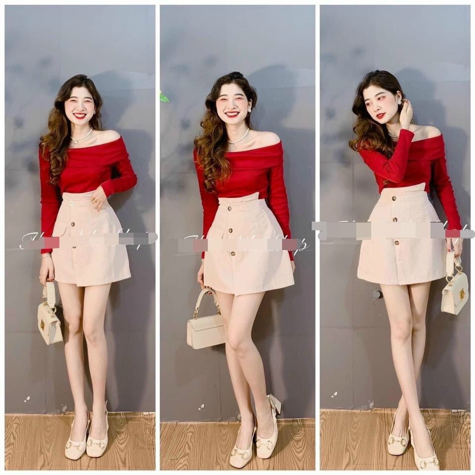 [ Miễn phí ship 2022 ] Set bộ tiểu thư, set áo trễ vai đỏ tay dài chân váy lệch phối nút, bộ bẹt vai sành điệu